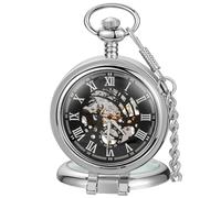 Tiong Reloj de bolsillo vintage mecánico steampunk esqueleto números romanos relojes de bolsillo colgante con cadena y caja de regalo para hombre, plateado (141-Silver), Clásico