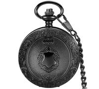 Tiong Reloj de bolsillo vintage negro con cadena, caja intrincada grabada y esfera de números romanos, relojes de bolsillo clásicos retro de cuarzo para hombre