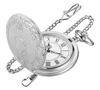 Tiong Reloj de bolsillo vintage plateado con cadena, caja intrincada grabada y esfera de números romanos, relojes de bolsillo clásicos retro de cuarzo para hombre