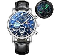 Tiong Reloj de cuarzo con correa de cuero negro plateado y azul para hombre, diseño de luna, reloj de cuarzo digital romano con caja para hombre, color negro plateado y azul, CHXI-YX03, Moda