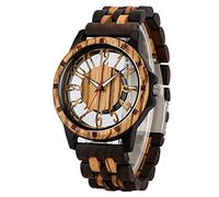 Tiong Reloj de cuarzo de madera para hombre, números arábigos ahuecados reloj de madera marrón negro para hombre, Q106-bronce-de