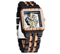 Tiong Reloj de madera para hombre Madera Bambú Rectangular Esqueleto hueco del engranaje Relojes de hombre Relojes analógicos de cuarzo de madera para hombres, Wq1010-marrón, Retro