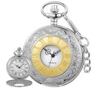 Tiong Relojes de bolsillo de cuarzo a escala de números romanos con cadena, Navidad, graduación, cumpleaños, día del padre, CF1234 - oro plateado