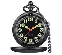 Tiong Relojes de bolsillo lisos con números arábigos de cuarzo para hombre, números arábigos con cadena y caja (negro), Negro-S, fiesta, diario