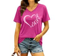 tiorhooe octubre rosa mujer camiseta cuello en V cinta mariposa camiseta cáncer de mama regalo camiseta, Corazón-rosa caliente2, S