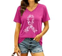 tiorhooe octubre rosa mujer camiseta cuello en V cinta mariposa camiseta cáncer de mama regalo camiseta, Cinta-rosa caliente2, S