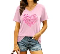 tiorhooe octubre rosa mujer camiseta cuello en V cinta mariposa camiseta cáncer de mama regalo camiseta, Corazón-roseclair2, M