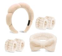 TIOSRU Juego de diadema y muñequera de spa caqui para lavar la cara, esponja, cuidado de la piel, diademas de maquillaje para mujeres y niñas, diadema de cuidado de la piel, diadema suave de burbujas