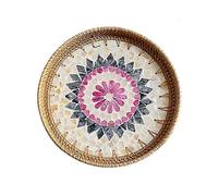 (Tipo 2) 2 bandejas de mesa hechas a mano de ratán, redondas, coloridas, para guardar pan y frutas,