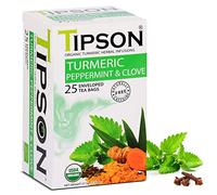 Tipson Té de hierbas orgánico sin cafeína de cúrcuma - Menta y clavo de olor orgánicos - 25 bolsas de doble cámara envueltas en papel de aluminio - Keto/Paleo - Albahaca