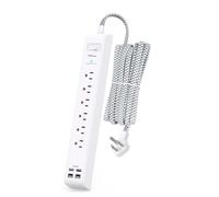 Tira de alimentación protectora contra sobretensiones de 10 pies con 4 puertos USB, 2 enchufes USB-C 6 CA, cable de extensión de enchufe plano, estación de carga USB, montaje en pared para el hogar,