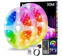 Tira led 30 m, RGB Bluetooth inteligente autoadhesiva, mando a distancia y app, atenuable, sincronización con música, ajuste de temporizador, para habitaciones de juegos, cocina y fiestas, 2 x 15 m