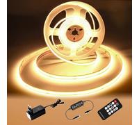 Tira LED COB 5M, 3000K Tira LED blanca cálida, 24V Tira de luces LED Regulables, CRI92, 8 mm de Ancho, con Control Remoto y Fuente de Alimentación, para Decoración del Hogar, Cocina, Espejo
