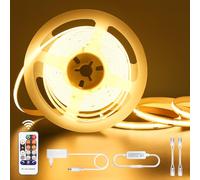 Tira LED COB Blanco Calido 5M, Luces LED COB Regulable 24v 3000K, Tira Luz LED Adhesiva Impermeable IP44 con Mando a distancia y fuente de Alimentación, LED Strip para Cocina, TV, Sala