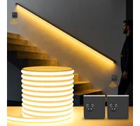 Tira LED con 2 detectores de movimiento 5m 24V 280 LED/m con enchufe Tira LED con fuente de alimentación autoadhesiva 3000 K blanco cálido luz activada por movimiento para armarios escaleras,3000k,10M