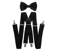 Tirantes para hombre con pajarita de axy; 4 clips resistentes en forma de X Negro (tirantes anchos, 3,5 cm) Talla única