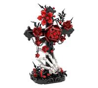 Tirff Cruz gótica con bloques de construcción de rosas rojas, 636 bloques de sujeción, obra de arte gótica creativa con elementos de calavera, juego de ladrillos de flores artificiales de romance