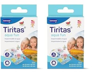 TIRITAS Aqua Kids: Apósitos aptos para contacto con agua; Con adhesivo hipoalergénico y diseños efecto tattoo perfectas para para niños. Dejan transpirar la piel; 2 tamaños; 12 unidades (Paquete de 2)