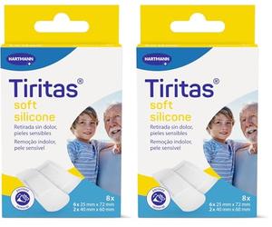 TIRITAS Soft Silicone: Apósitos de color blanco con adhesivo siliconado; Indicadas para las pieles más sensibles y frágiles, Retirada indolora; 2 tamaños 8 unidades (Paquete de 2)