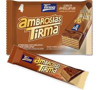 Tirma Ambrosía Chocolate con Leche y Avellanas | 4 Barritas Crujientes 86 g | Envasado Individual | Snack Vegetariano y Práctico para Llevar en Mochila o Merienda | Hecho en Canarias