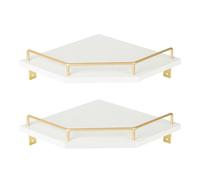 Tirzah Estante de esquina blanco de 2 niveles con valla de metal dorado, estante flotante de diamante de madera blanca de 9.5 pulgadas para decoración del hogar, organizador de cocina
