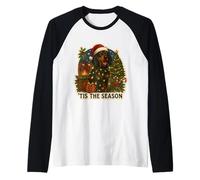 Tis The Season Black and Tan Coonhound Dog Feliz Navidad Camiseta Manga Raglan
