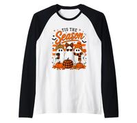 Tis The Season Cute Halloween Ghosts Pumpkin Fall Fun Camiseta Manga Raglan