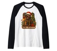 Tis The Season Perro de Agua Español Feliz Navidad Mamá Papá Diversión Camiseta Manga Raglan