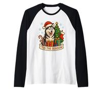 Tis The Season Siberian Husky Dog Feliz Navidad Festive Camiseta Manga Raglan