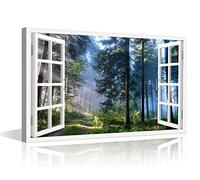 TISHIRON Arte de Pared Decorativo con Efecto Ventana 3D Bosque y Carretera de Madrugada Cuadros en Lienzo Obras de Arte Pintura de Paisaje Natural Láminas para Decoración del Hogar Sala de Estar
