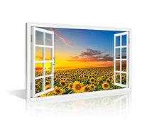 TISHIRON Decoración de pared con diseño de girasol, vista de ventana 3D para sala de estar, cuadro impreso en lienzo, marco de madera listo para colgar (24 x 16 pulgadas)
