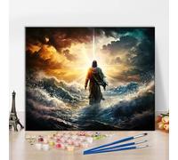 TISHIRON Jesús Kit de pintura por números, figura de Jesús caminando sobre el agua en la hermosa puesta de sol pintura por números para adultos con pinceles y pigmento, 40 x 50 cm, sin marco
