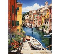 TISHIRON Kit de pintura de paisaje para colorear por números para adultos, barcos anclados en un puerto junto a un edificio de pueblo, pintura al óleo por números, 40 x 50 cm