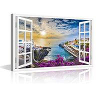 TISHIRON Lienzo decorativo para pared con efecto de ventanas 3D, vista de paisaje, ciudades costeras europeas, ventanas falsas, playa, arte de pared, puesta de sol en el océano, playa, paisaje