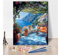 TISHIRON Paisaje costero, pintura por números, pintura al óleo para adultos, costa de Amalfi, ciudad italiana paisaje marino acrílico pintura por números en lienzo 40 x 50 cm (sin marco)
