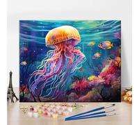 TISHIRON Pintar por números, medusas para adultos, pintura por números para decoración de pared, mar con peces pintura por números, animales marinos salvajes de 16 x 20 pulgadas, kits de pintura al