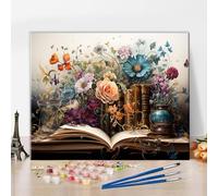 TISHIRON Pintar por números para adultos libros y flores acuarelas, juego de arte DIY en lienzo de 40 x 50 cm con pinturas acrílicas y pinceles, pasatiempo creativo para el hogar y ideas de regalo