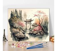 TISHIRON Pintar por números para adultos, paisaje japonés con flores de cerezo, juego de arte para manualidades, lienzo de acuarela, apto para principiantes, terapia de relajación, decoración natural