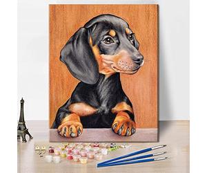 TISHIRON Pintura de animales por números para adultos principiantes, kit de pintura al óleo para perros, perro salchicha sobre lienzo para decoración de pared del hogar, 16 x 20 pulgadas, sin marco