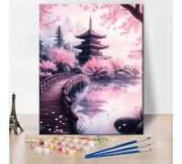 TISHIRON Pintura en flor de cerezo por números para adultos, pintura al óleo para el hogar Decoración de pared, puente y lago, pintura acrílica por números, kits sobre lienzo artesanías 40 x 50 cm