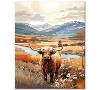 TISHIRON Pintura por números hágalo usted mismo para adultos con pinceles Highlands vaca aceite pintura a mano animales adultos pintura por números paisaje pintura por números kits sobre lienzo