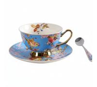 TISHITA Taza de Café de Cerámica con Platillo y Cuchara Borde Dorado Estilo Floral Pastoral Aves Brillo Resistente al Adecuada para Reuniones Hogar Regalo Decoración, Blue