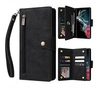 TISIM Funda para Samsung Galaxy S22 Plus 5G, Durable PU Leather Wallet Phone Cases con Kickstand, Samsung S22 Plus 5G Carcasa con Tarjetero Magnético Flip Cover Cordón Muñequera Cremallera Negro