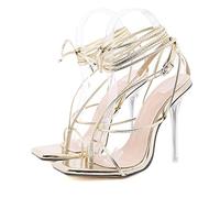 Tisos Sandalias de gladiadores para Mujeres con Clip Cuadrado, Tacones de Vidrio, Cordones, Verano, Oro, 3.5 Reino Unido