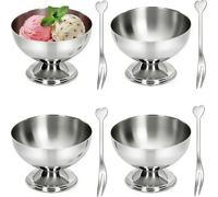 Tissting 4 cuencos de helado, 250 ml, de acero inoxidable, reutilizable, con patas plateadas, con tenedor, taza para batido para postre, yogur congelado, gelatina, decoraciones de fiesta de cumpleaños