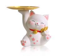 Tissting - Bandeja para llaves de madera con 4 soportes colgantes para joyas y llaves, bandeja moderna de resina para mesa de entrada, decoración de gato, fortuna ideal para oficina o dormitorio, 20