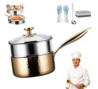 Titanium Saucepan con Tapa, Cacerola de Titanio Puro Sin Revestimiento Antiadherente, Sartén Martillada Multifunción para Cocina, Resistente a Rayaduras para Todo Tipo de Cocinas (Gold,16cm+Steamer)