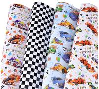 Titiweet Papel de regalo de coche de carreras, 6 hojas grandes, papel de regalo de cumpleaños con bandera de coche de carreras para niños y niñas, 39.4 x 27.6 pulgadas por hoja (cumpleaños de coche de