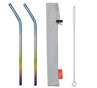 TiTo - 2 pajitas de metal de titanio, reutilizables, coloridas, ultraligeras, con cepillo de limpieza y bolsa para batidos, cócteles y bebidas calientes (multicolor, dobladas)