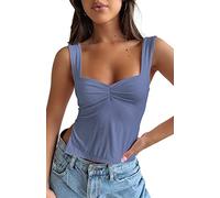 TiulZial Camiseta corta sin mangas para mujer, sin mangas, para salir, sexy, plisada, cuello corazón, tirantes, aberturas Y2K, Azul ceniza, S